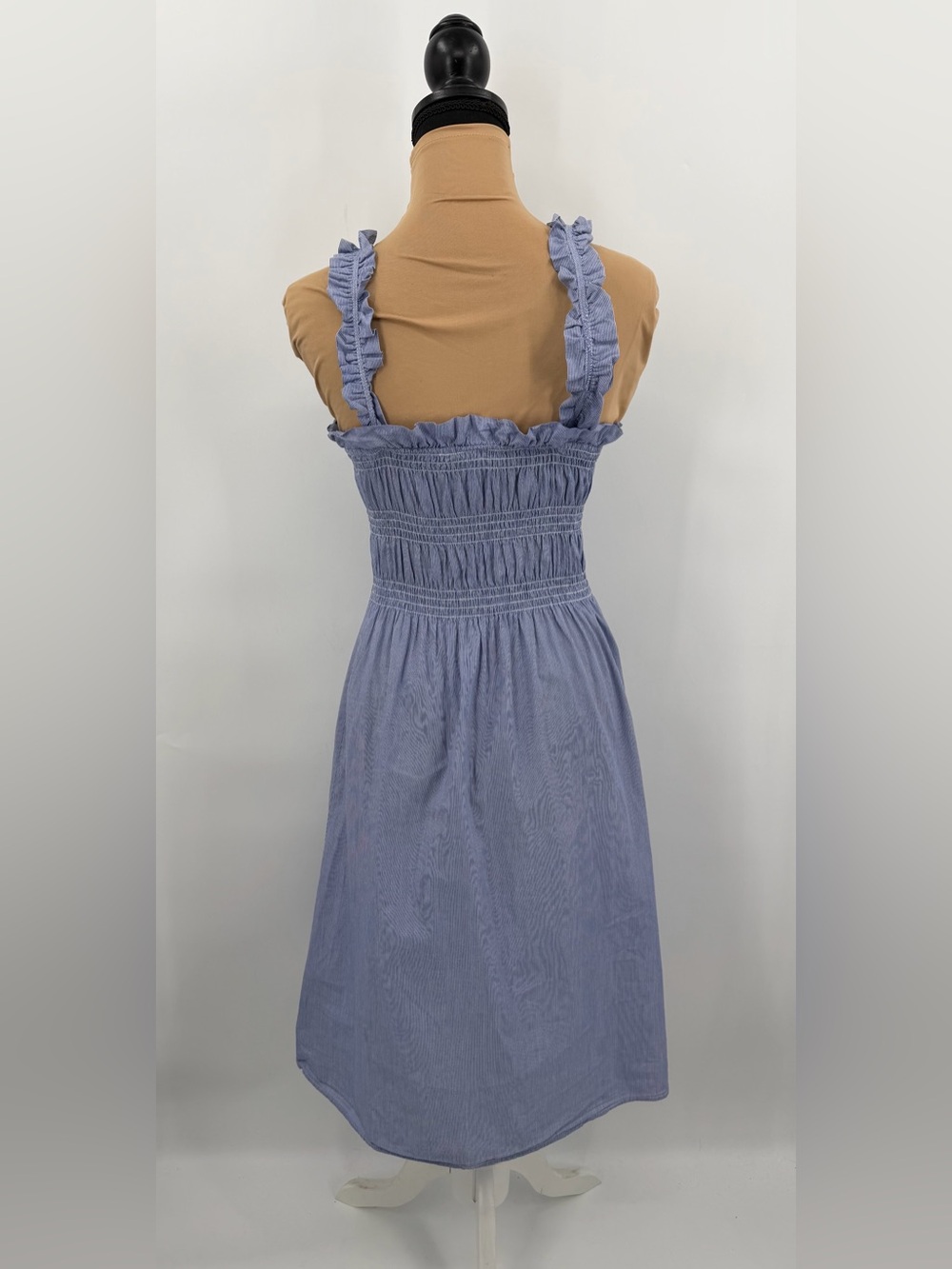 Cotton blue striped Smocked Ruffle Strap Midi Dress XS cottagecore coastal - Picture 4 of 12